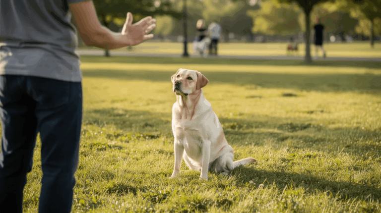 Labrador practicing obedience with a trainer outdoors