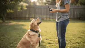 Trainer teaching e-collar training for beginners indoors