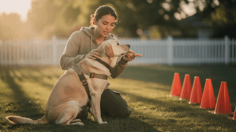 Blind dog learning commands through patient training