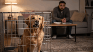 Dog whining in crate, golden retriever behind shut wire door