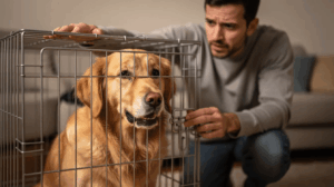 Dog whining in crate, man kneeling beside a golden retriever